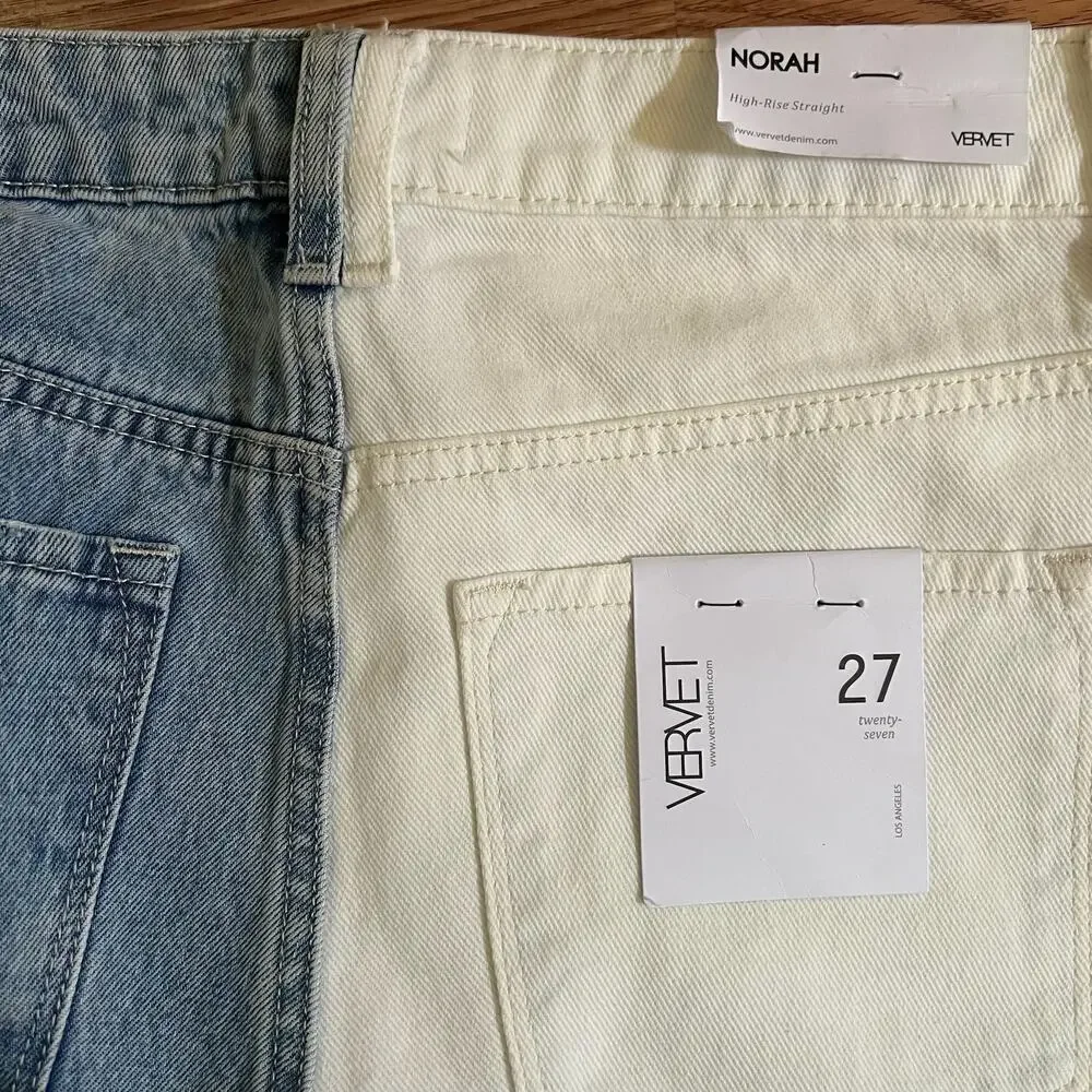 VERVET Norah Crossover Fly Colorblock Jeans 27 High Rise Straight Two Tone NWT - Picture 7 of 12